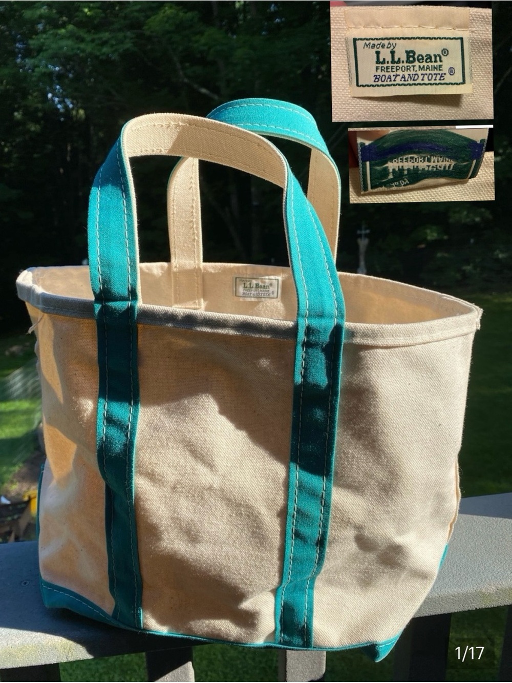Vtg 80s LL Bean Boat and Tote Aqua Turquoise Freeport Zig Zag Tag FLAWS MUSTY